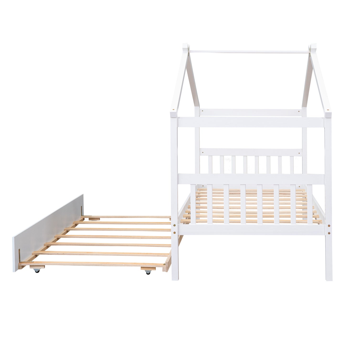 Single Wooden House Bed With Single Roller Bed, White