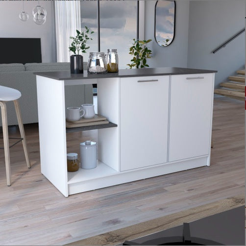 Juniper Kitchen Island, Four Open Shelves, Two Cabinets -Light Oak