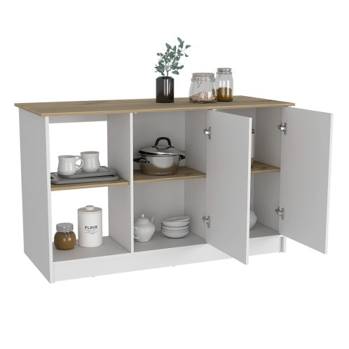 Juniper Kitchen Island, Four Open Shelves, Two Cabinets -Light Oak