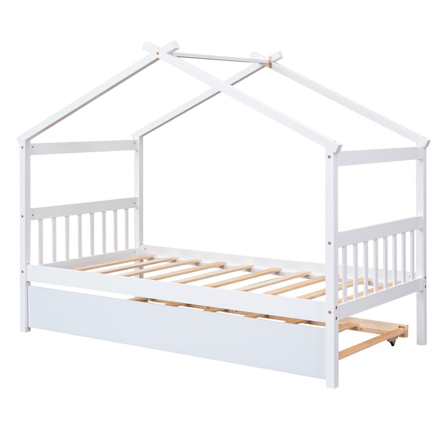 Single Wooden House Bed With Single Roller Bed, White