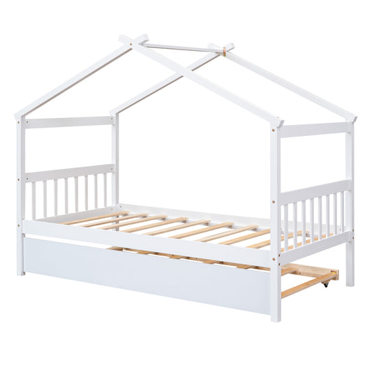 Single Wooden House Bed With Single Roller Bed, White