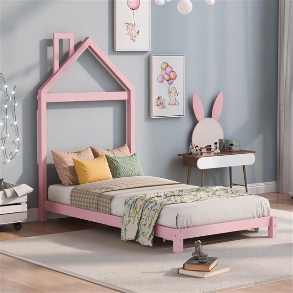 Double Wooden Platform Bed With House-shaped Headboard - Pink