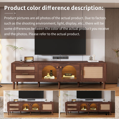 Rattan TV Stand With 3 Cabinets 2 Drawers, Rattan-inspired Media Console Table For TVs Up To 80'', LED Light Entertainment Center, TV Cabinet For Living Room, Bedroom, Home Theatre