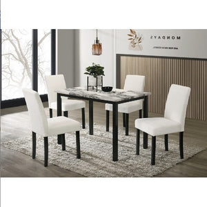 White Color Wool Fabric Chairs Faux Marble Top Table 5pc Dining Set Kitchen Dinette Cushions Upholstered 4x Chairs Dining Room